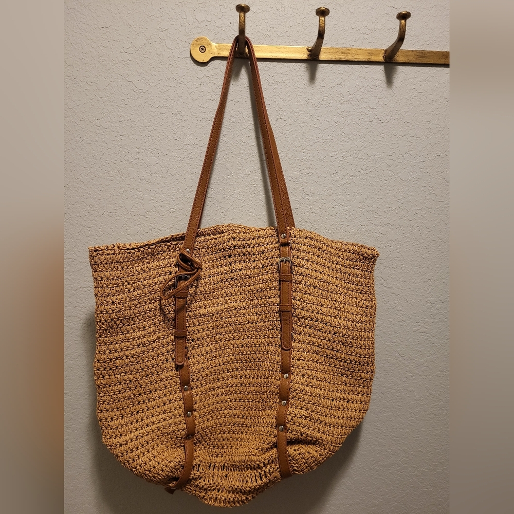Packable Woven Straw Tote Bag with Brown Straps - Picture 6 of 9